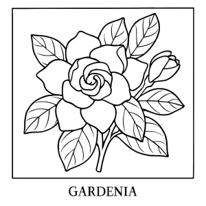 Vintage gardenia botanická omalovánka, coloring page na vytlačenie pre deti a dospelých