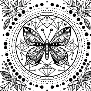 Geometrické motýlie krídla v kruhu – omalovánka na vytlačenie zdarma, detailná coloring page pre deti aj dospelých