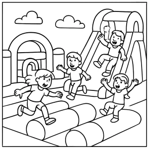 Omalovánka – deti na obrovskej nafukovacej prekážkovej dráhe, coloring page na vytlačenie
