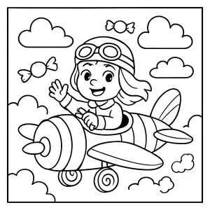 Pilotka v cukríkovom lietadle – coloring page omalovánka na vyfarbenie zadarmo