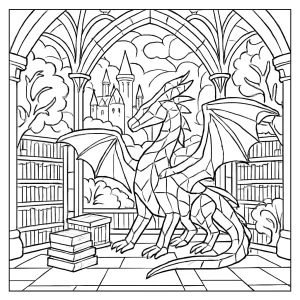 Sklenený dračí knižnica v čarovnom svete – omalovánka na vyfarbenie pre deti, fantasy coloring page