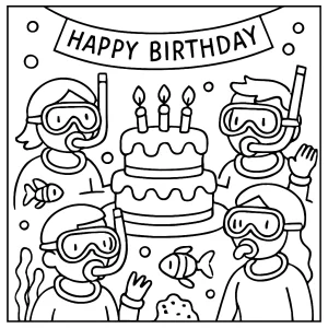 Podvodná narodeninová párty so svetielkami a potápačmi – omalovánka, coloring page na vytlačenie
