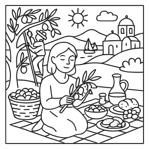 Grécko - piknik pri zbere olív omaľovánka, coloring page na vytlačenie zdarma