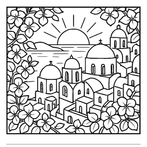 Greek island village sunset omalovánka, coloring page s modrými kupolami a bugenvíliovým lemom na vytlačenie