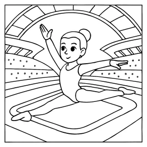 Omalovánka gymnastky v modernom futuristickom štadióne – coloring page na vytlačenie
