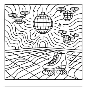 Holografická disco korčuliarska dráha – omalovánka na vytlačenie, coloring page pre deti s dronmi a zrkadlovými guľami