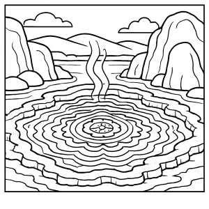 Onsen s mandalovými vlnami – omaľovánka na vytlačenie pre deti a dospelých, hot spring coloring page