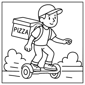 Omalovánka kuriér na hoverboarde s pizzou, vytlačiteľná omaľovánka pre deti