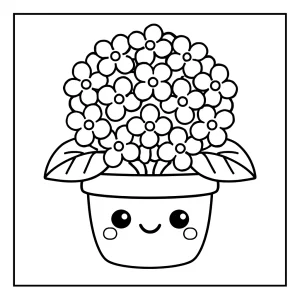Kawaii hortenzia v črepníku – omalovánka na vyfarbenie, coloring page pre deti zadarmo
