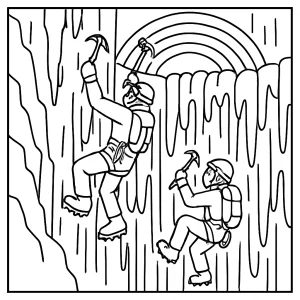 Omalovánka – coloring page dvojice horolezcov na zamrznutom vodopáde s dúhovým ľadom