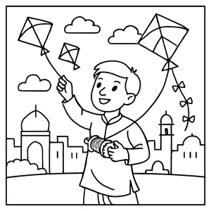 Indické púšťanie šarkanov na Makar Sankranti – omalovánka na vytlačenie zdarma