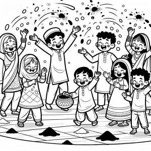 Holi festival coloring page – omalovánka s deťmi hádzajúcimi farebné prášky