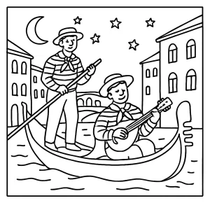 Gondola serenáda v Benátkach – omalovánka, coloring page na stiahnutie zdarma