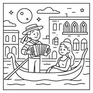 Omalovánka Taliansko večerná gondola serenáda – coloring page na vytlačenie zdarma