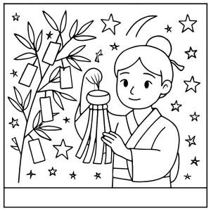 Tanabata japonský festival hviezd omalovánka – coloring page s lampiónmi a hviezdami na vyfarbenie