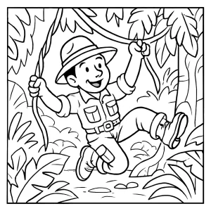 Omalovánka džungľového objaviteľa na lianách na vyfarbenie – coloring page zdarma pre deti