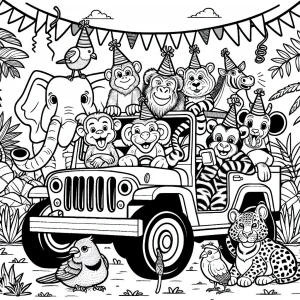 Džungľa Safari narodeninová coloring page – džíp so zvieratami v párty čiapkach na omaľovanie