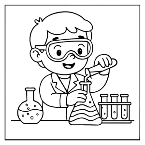 Omalovánka mladého chemika miešajúceho dúhové tekutiny v laboratóriu