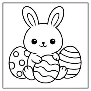 Kawaii veľkonočný zajačik s vajíčkami – omalovánka na vytlačenie pre deti