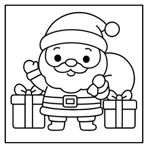 Kawaii Santa Claus s darčekmi – vianočná omalovánka, coloring page pre deti na vytlačenie