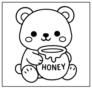 Omalovánka roztomilého kawaii medvedíka s hrncom medu na coloring page pre deti na vyfarbenie