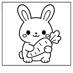 Kawaii zajačik držiaci mrkvu - omalovánka, coloring page na vytlačenie pre deti