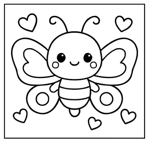 Kawaii motýlik so srdiečkami – omalovánka, coloring page na vytlačenie