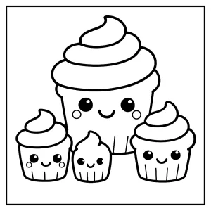 Kawaii cupcake family coloring page – omalovánka s rodinou cupcakes na vyfarbenie pre deti
