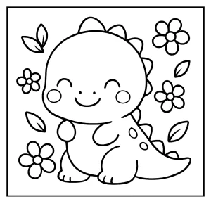 Roztomilý kawaii dinosaurus s úsmevom a kvetmi - omaľovánka na vymaľovanie pre deti