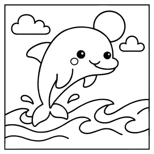 Kawaii delfín skáčuci v oceáne – omalovánka na vytlačenie zdarma, coloring page pre deti