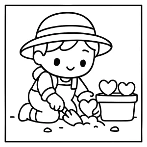 Kawaii záhradník sadí srdcové sukulenty - omalovánka na vytlačenie pre deti