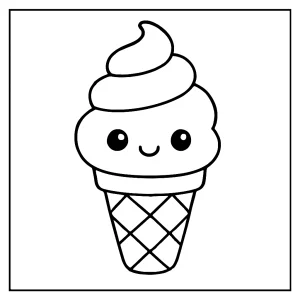 Kawaii zmrzlinový kornútok s úsmevom – coloring page omaľovánka na vyfarbenie pre deti