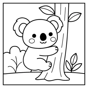 Kawaii koala objímajúci strom omalovánka – coloring page na vyfarbenie