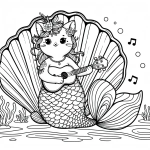 Omalovánka Kawaii morská mačka s ukulele hrajúca na mušľovom pódiu, pripravená na vytlačenie a vyfarbenie