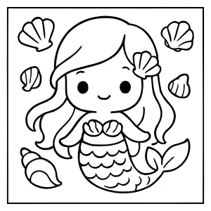 Kawaii morská panna s mušľami, omalovánka na vyfarbenie pre deti