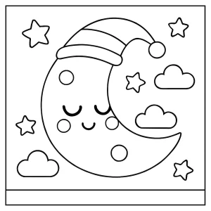 Kawaii mesiac spiaci – omalovánka pre deti na vytlačenie, coloring page zdarma