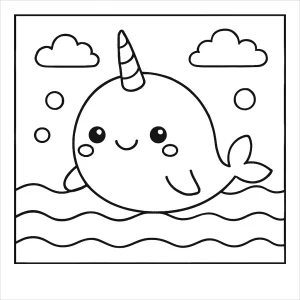 Kawaii narval v oceáne - omalovánka na vyfarbenie zdarma pre deti