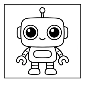Kawaii robot s veľkými očami – omalovánka, coloring page pre deti na vyfarbenie