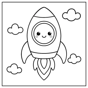Kawaii raketa s usmievajúcim sa okienkom – omalovánka na vytlačenie, coloring page pre deti zadarmo