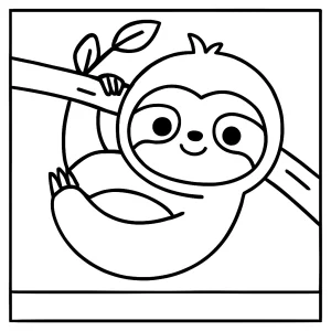 Kawaii lenochod na vetve – omalovánka, coloring page na vytlačenie zdarma