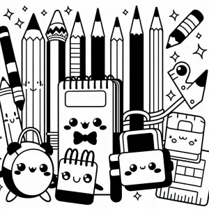 Kawaii stacionárna partia omalovánka - coloring page s roztomilými ceruzkami, zošitom a pravítkom na vyfarbenie