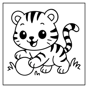 Omaľovánka s kawaii tigríčaťom, ktoré sa hrá – coloring page pre deti
