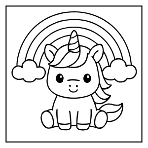 Kawaii jednorožec s dúhou - omalovánka, coloring page na vytlačenie pre deti