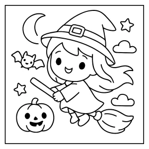 Kawaii čarodejnica na metle – omalovánka na vytlačenie, coloring page pre deti