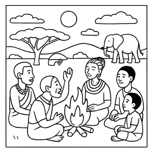 Kenya savanna storytelling around fire omalovánka - coloring page na vyfarbenie pre deti