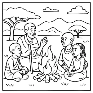 Kenya savanna storytelling okolo ohňa – omaľovánka na vytlačenie zdarma, coloring page pre deti
