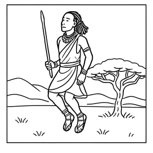 Omaľovánka Masajský bojovník skáče Adumu vedľa akácie – coloring page na vyfarbenie