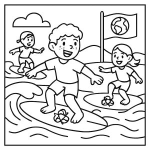 Deti na eko-surf súťaži - omalovánka na vytlačenie pre deti zdarma