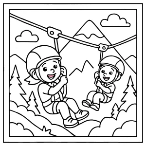 Omalovánka detí na zipline v horách – zábavná coloring page na vytlačenie zadarmo