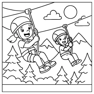 Deti na horskej zipline - omaľovánka na vytlačenie zdarma